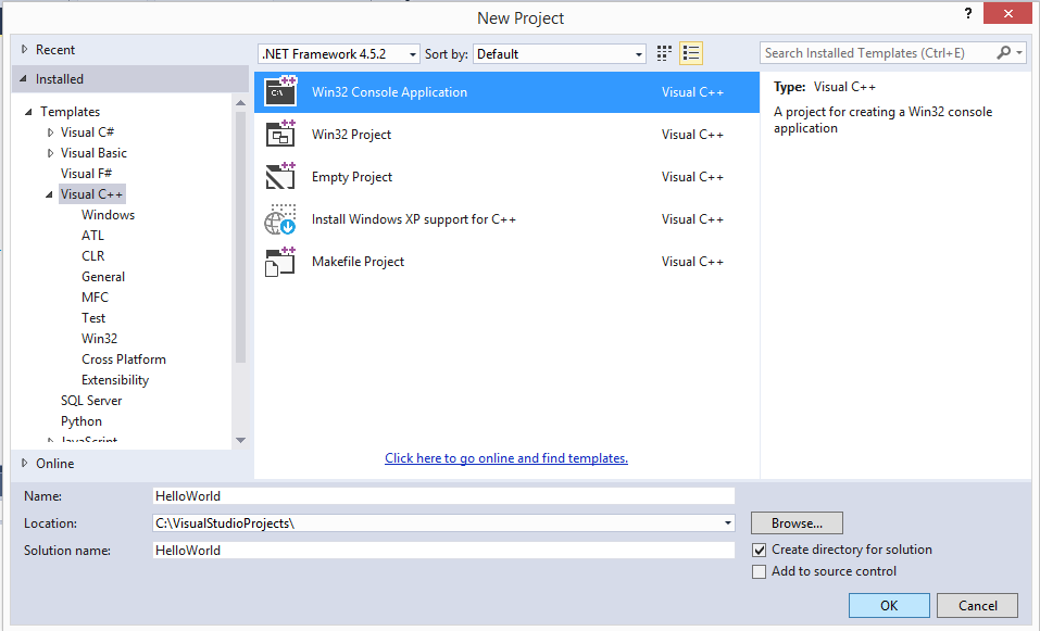 Select Visual C++ Template and then choose Win32 Console Application